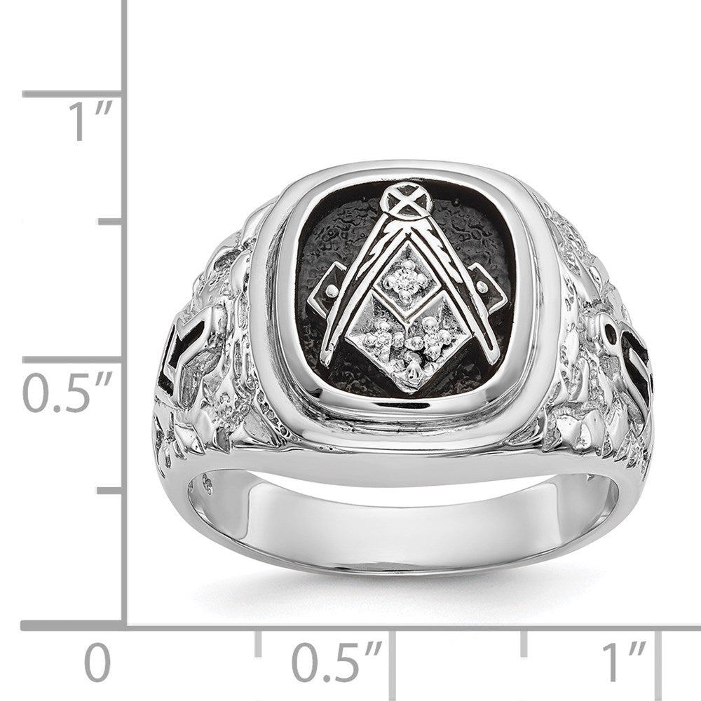 IB Goodman 14k White Gold Mens Polished/Antiqued Nugget Texture with Black Enamel and VS Quality Diamonds Masonic Ring
