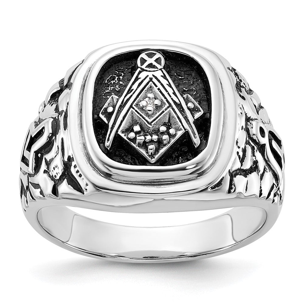 IB Goodman 14k White Gold Mens Polished/Antiqued Nugget Texture with Black Enamel and AA Quality Diamonds Masonic Ring