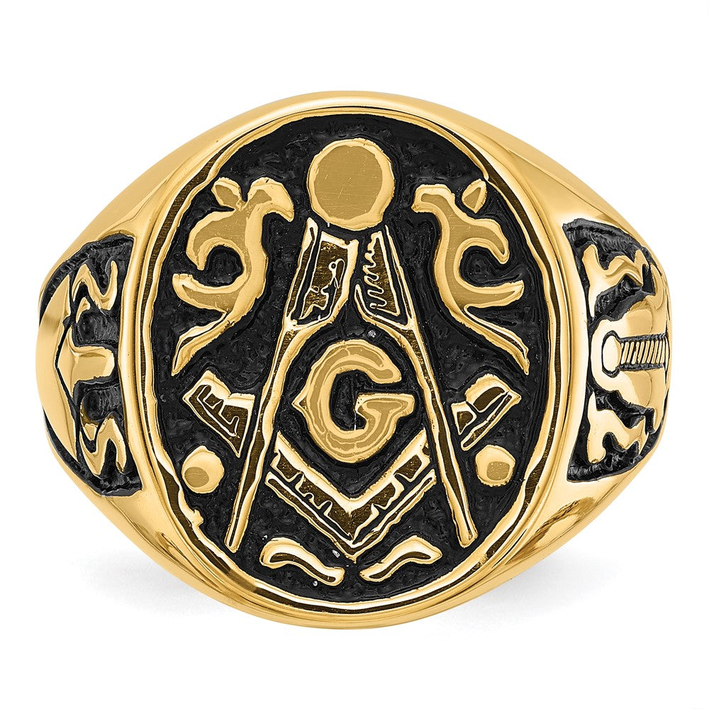 IB Goodman 14k Mens Polished and Grooved with Black Enamel Masonic Ring