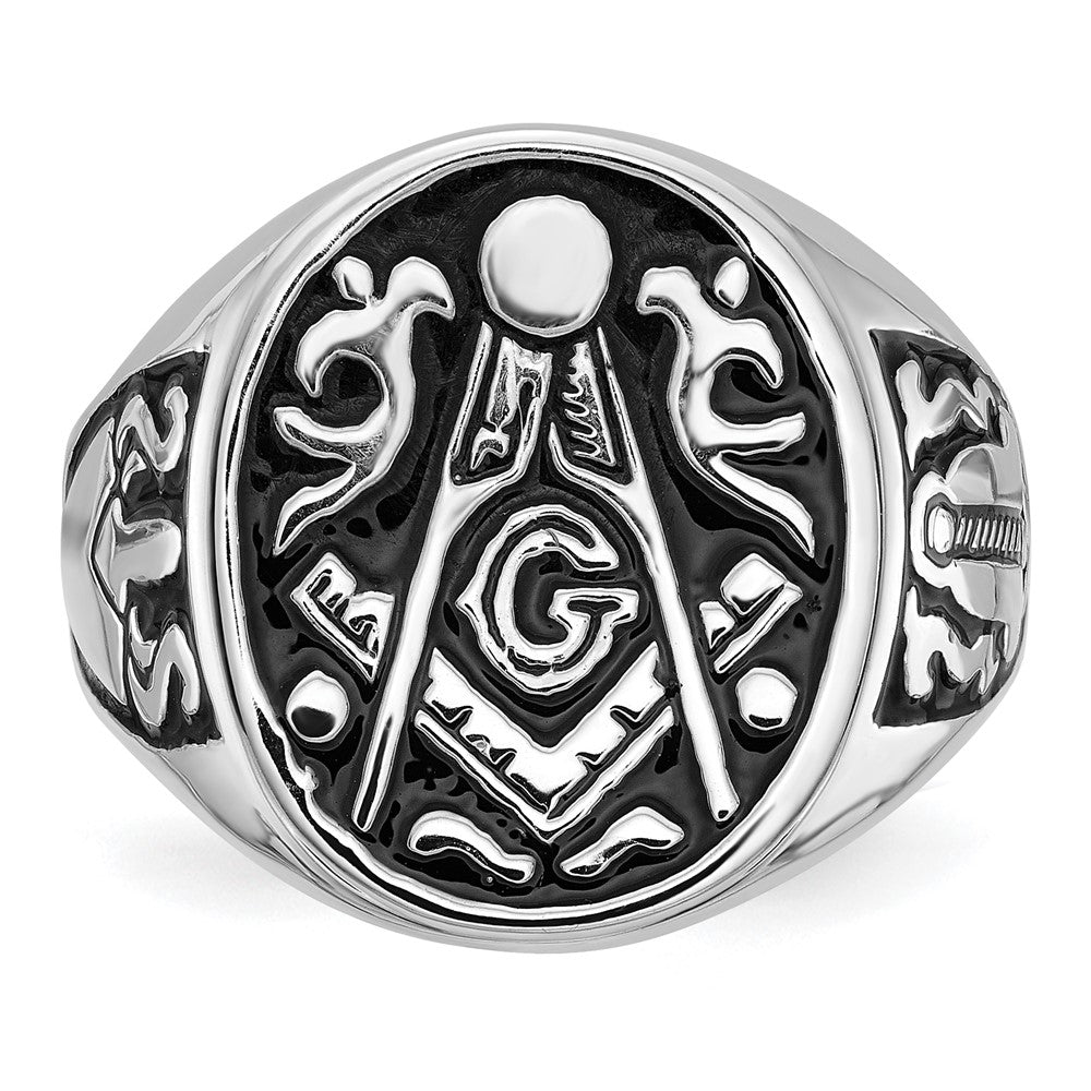 IB Goodman 14k White Gold Mens Polished and Grooved with Black Enamel Masonic Ring