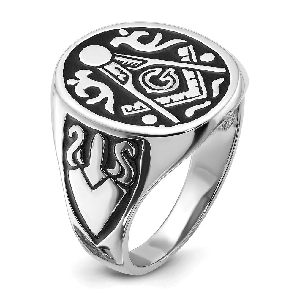 IB Goodman 14k White Gold Mens Polished and Grooved with Black Enamel Masonic Ring