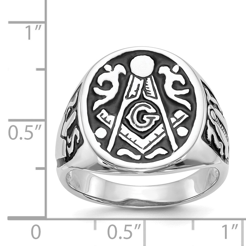 IB Goodman 14k White Gold Mens Polished and Grooved with Black Enamel Masonic Ring