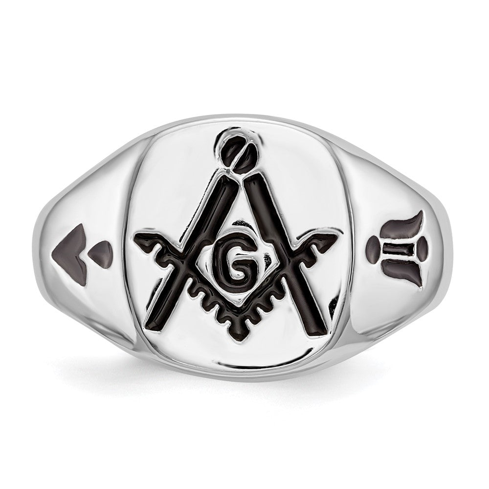 IB Goodman 14k White Gold Mens Polished and Grooved with Black Enamel Masonic Ring