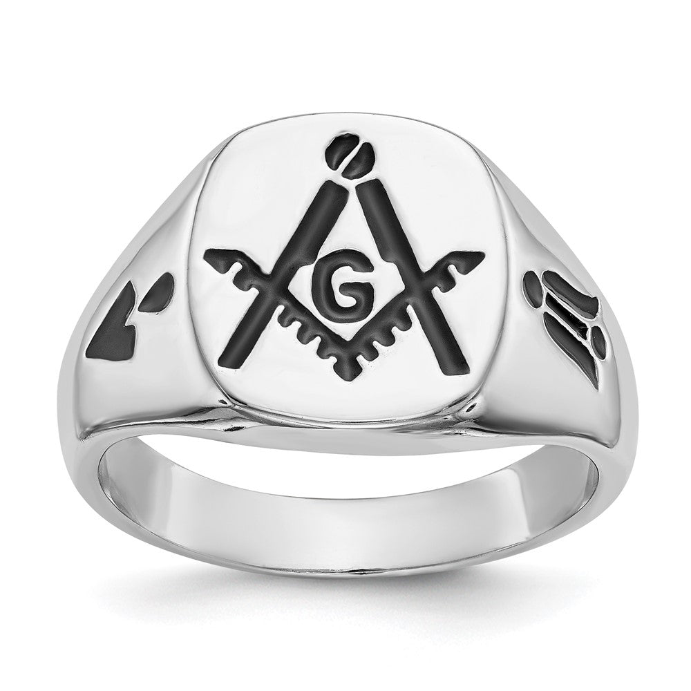 IB Goodman 14k White Gold Mens Polished and Grooved with Black Enamel Masonic Ring