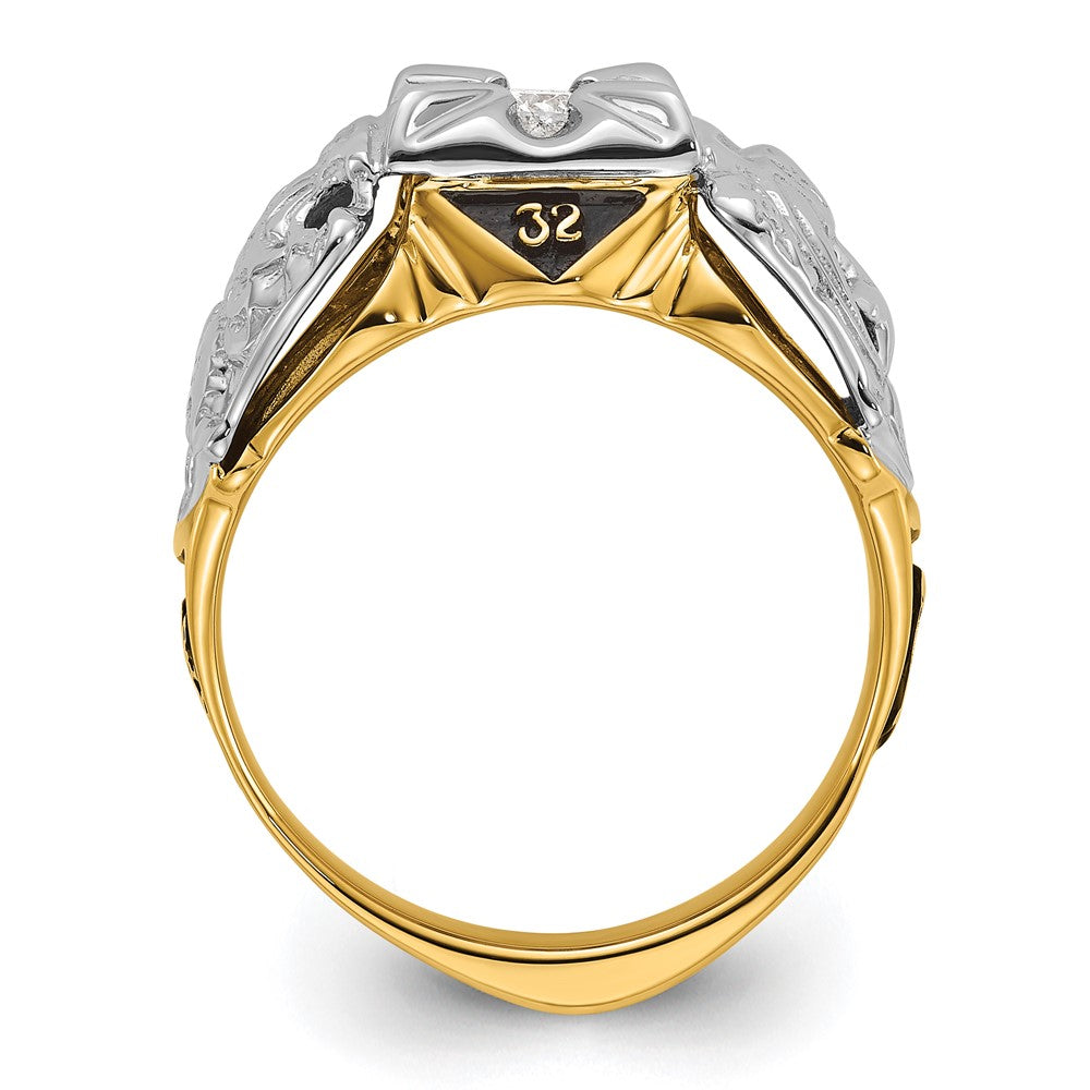 IB Goodman 14k Two-tone Mens Polished and Textured with Black Enamel and AA Quality Diamond Masonic Ring