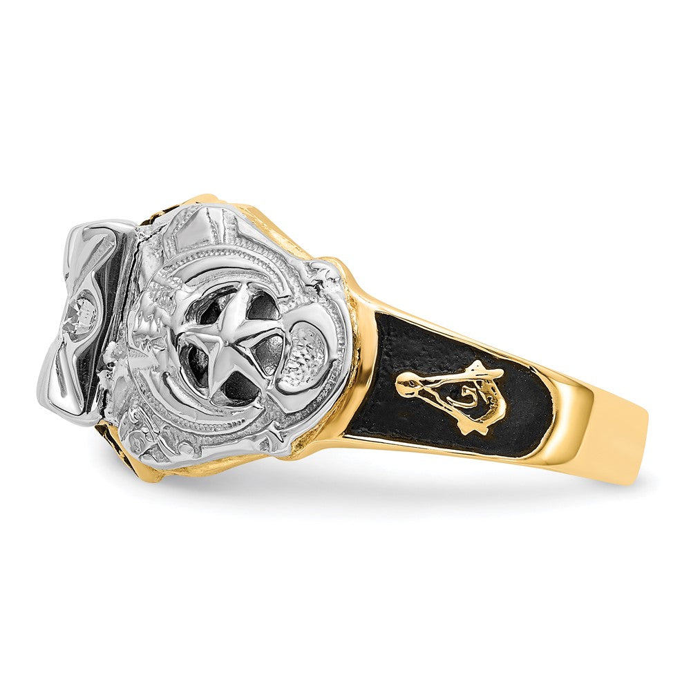 IB Goodman 14k Two-tone Mens Polished and Textured with Black Enamel and AAA Quality Diamond Masonic Ring