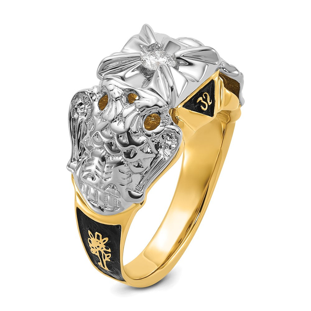IB Goodman 14k Two-tone Mens Polished and Textured with Black Enamel and AAA Quality Diamond Masonic Ring