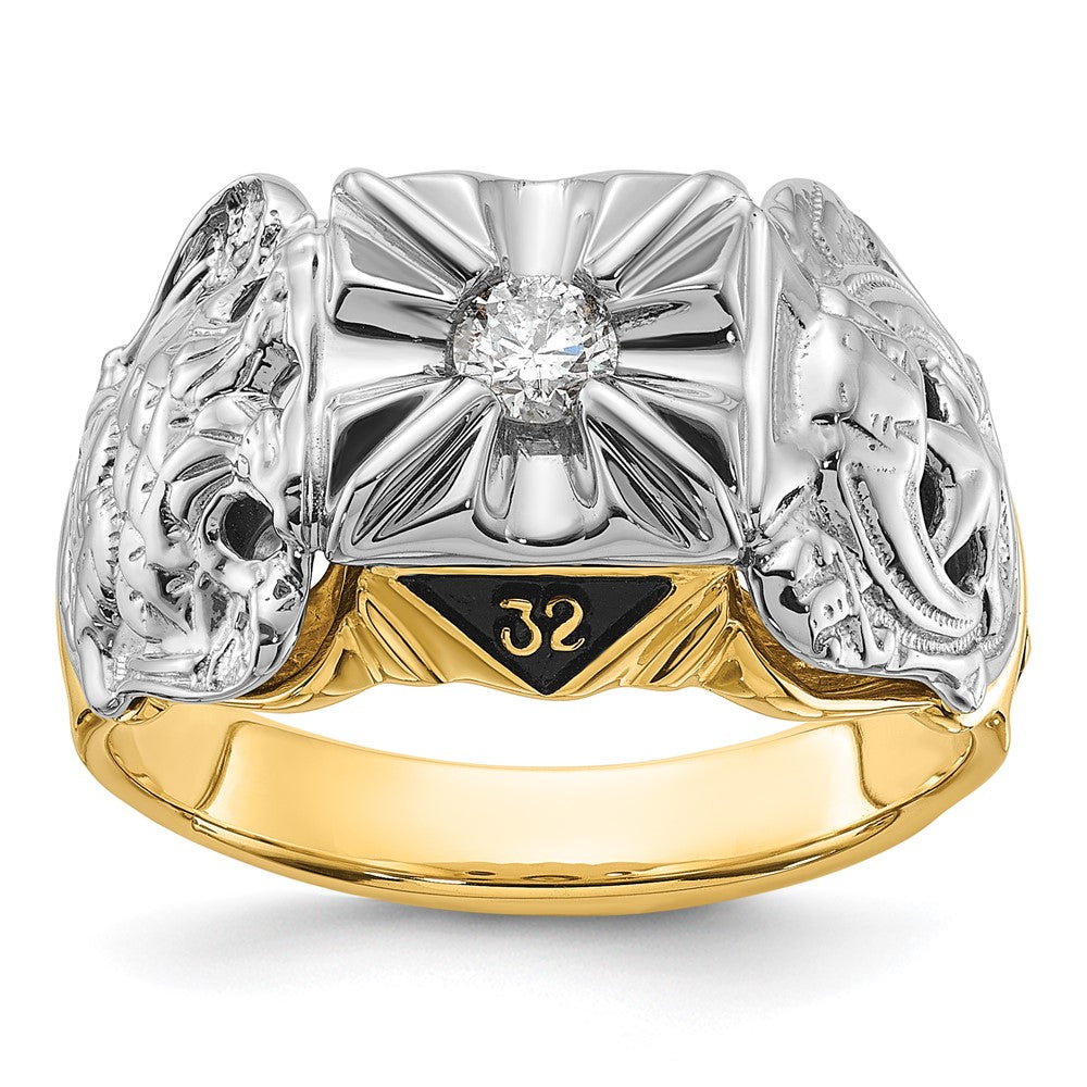 IB Goodman 14k Two-tone Mens Polished and Textured with Black Enamel and AA Quality Diamond Masonic Ring