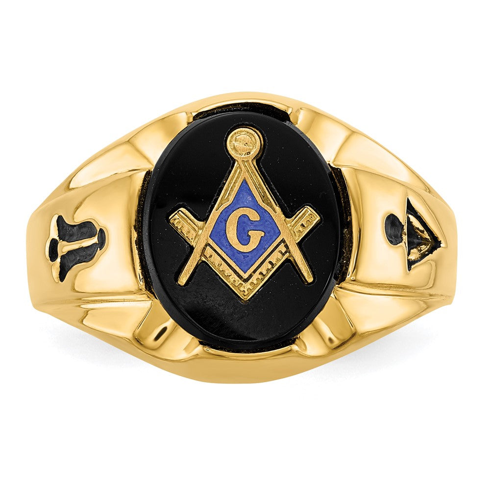 IB Goodman 14k Mens Polished and Antiqued Grooved with Oval Onyx Masonic Ring