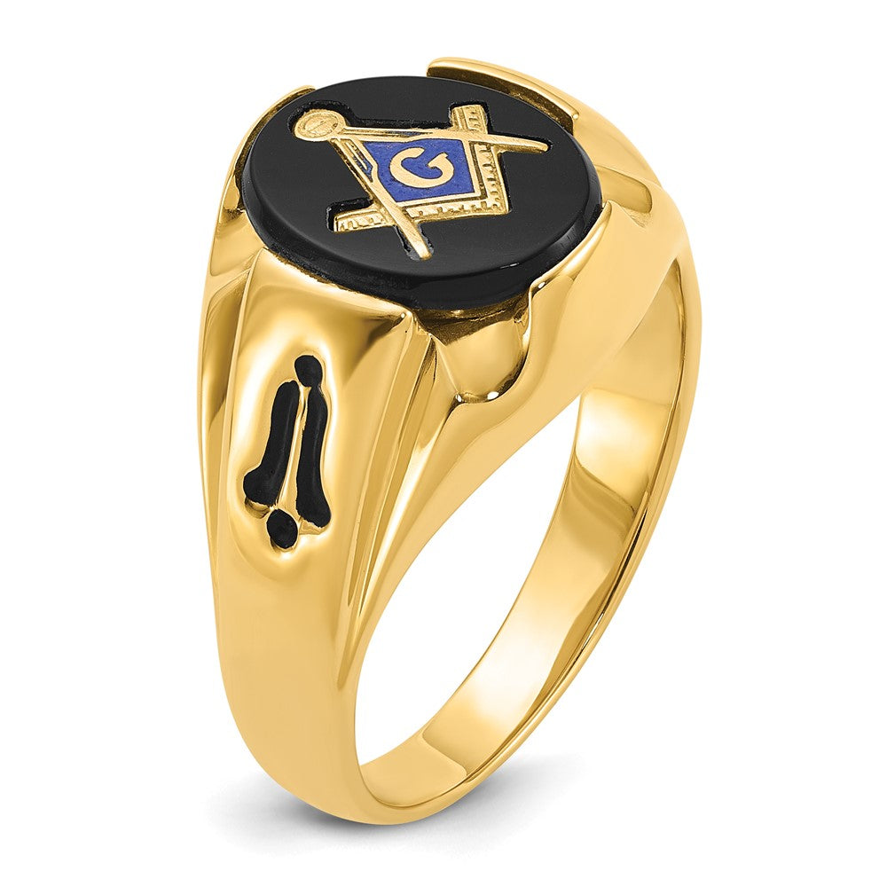 IB Goodman 14k Mens Polished and Antiqued Grooved with Oval Onyx Masonic Ring