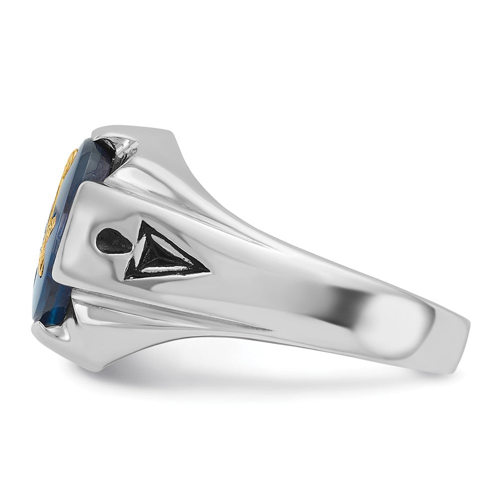 IB Goodman 14k White Gold Mens Polished/Antiqued and Grooved with Imitation Blue Spinel Masonic Ring