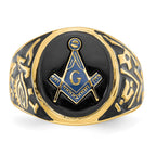 IB Goodman 14k Mens Polished and Textured with Black Enamel and Oval Onyx Masonic Ring