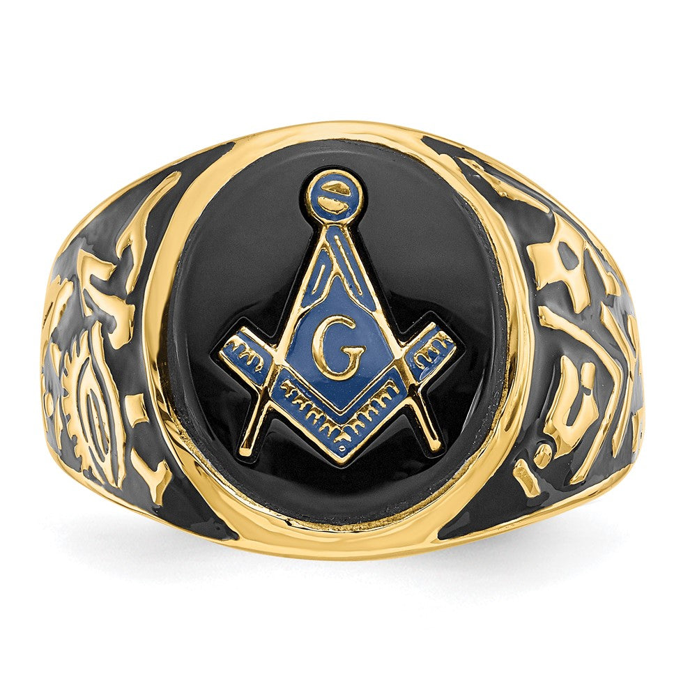 IB Goodman 14k Mens Polished and Textured with Black Enamel and Oval Onyx Masonic Ring