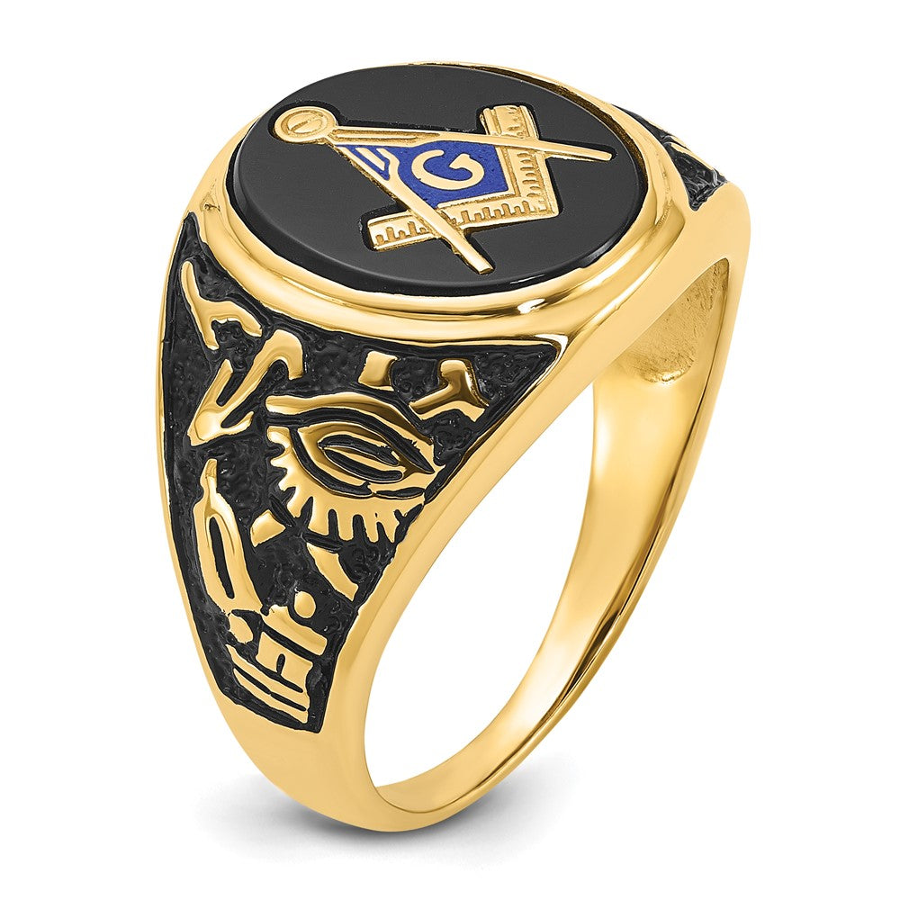 IB Goodman 14k Mens Polished and Textured with Black Enamel and Oval Onyx Masonic Ring