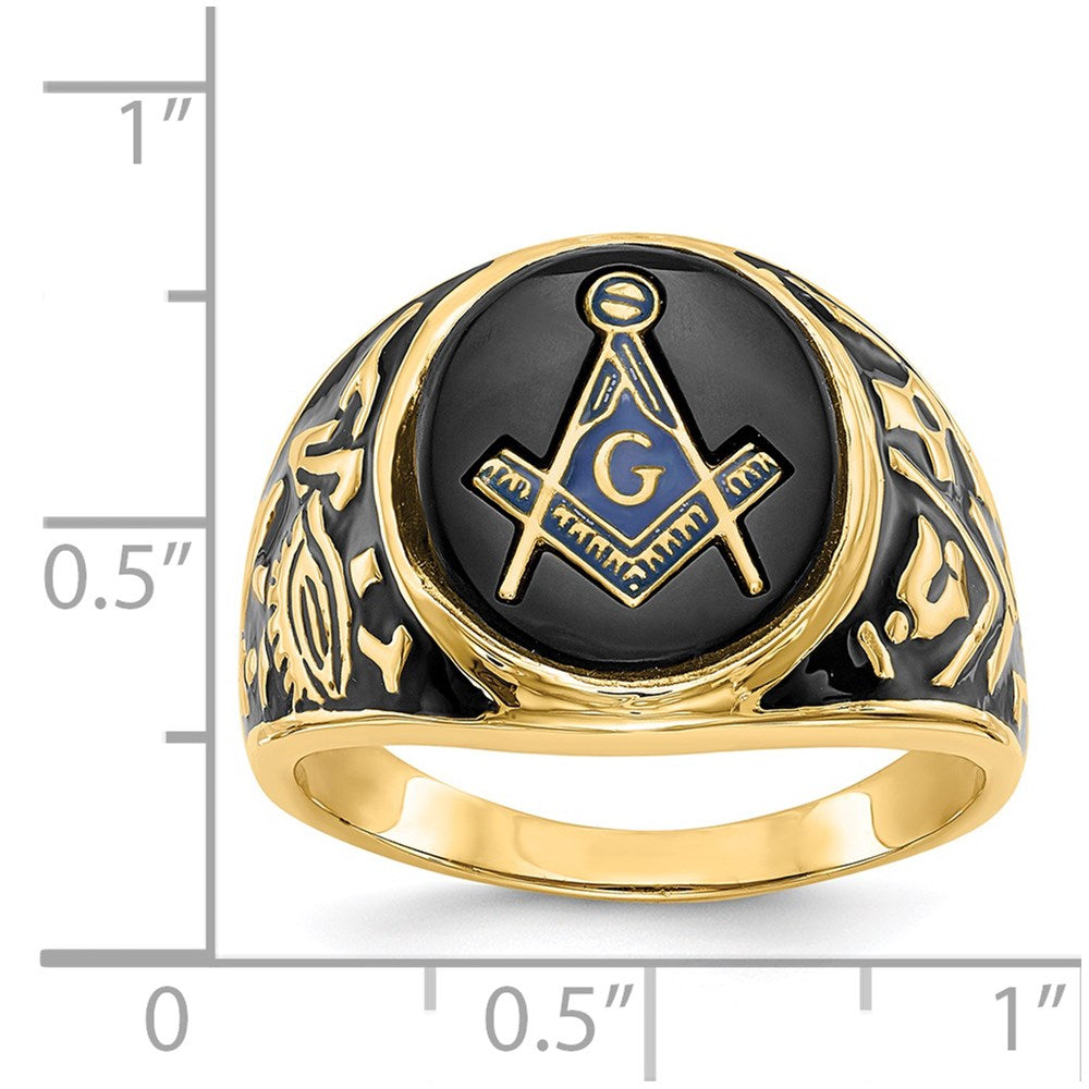 IB Goodman 14k Mens Polished and Textured with Black Enamel and Oval Onyx Masonic Ring