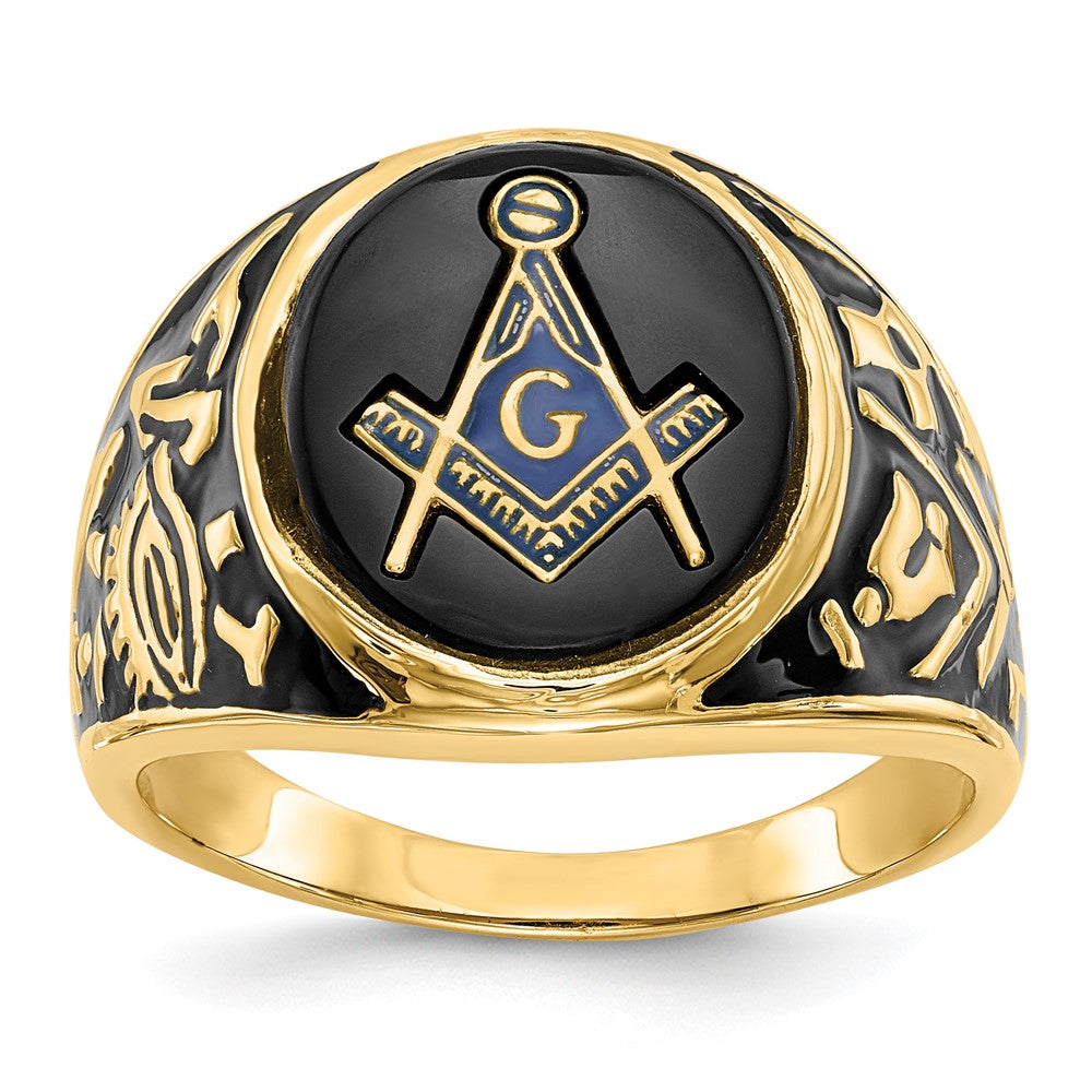 IB Goodman 14k Mens Polished and Textured with Black Enamel and Oval Onyx Masonic Ring