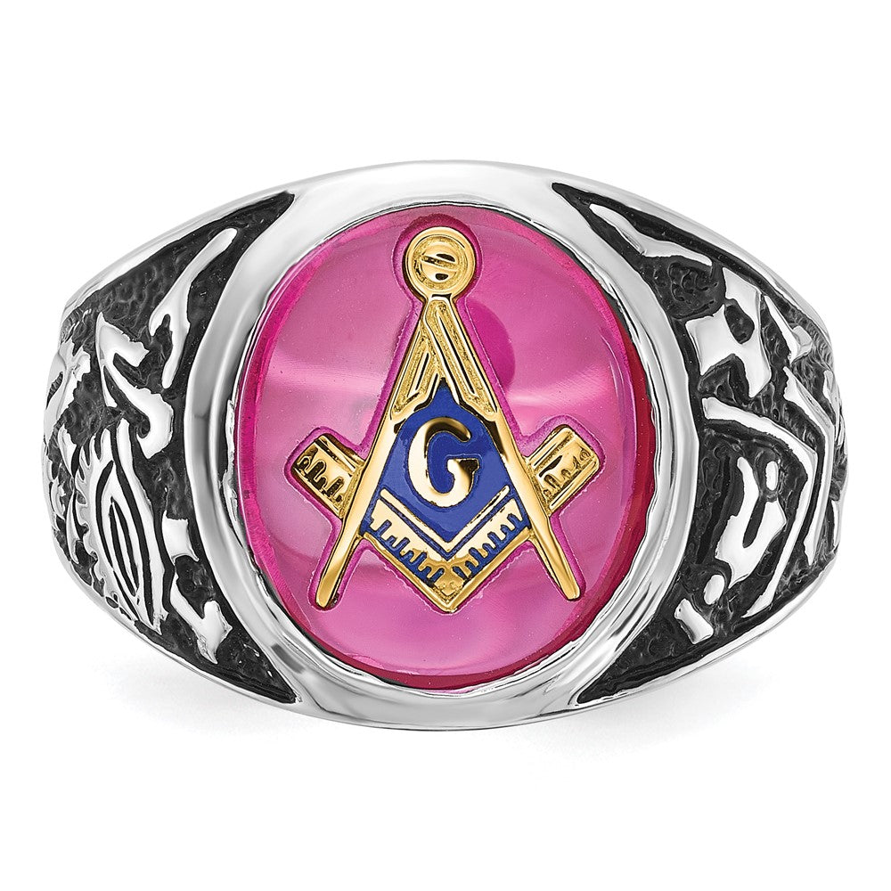IB Goodman 14k White Gold Mens Polished/Antiqued and Textured with Lab Created Ruby Masonic Ring