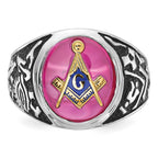IB Goodman 14k White Gold Mens Polished/Antiqued and Textured with Lab Created Ruby Masonic Ring