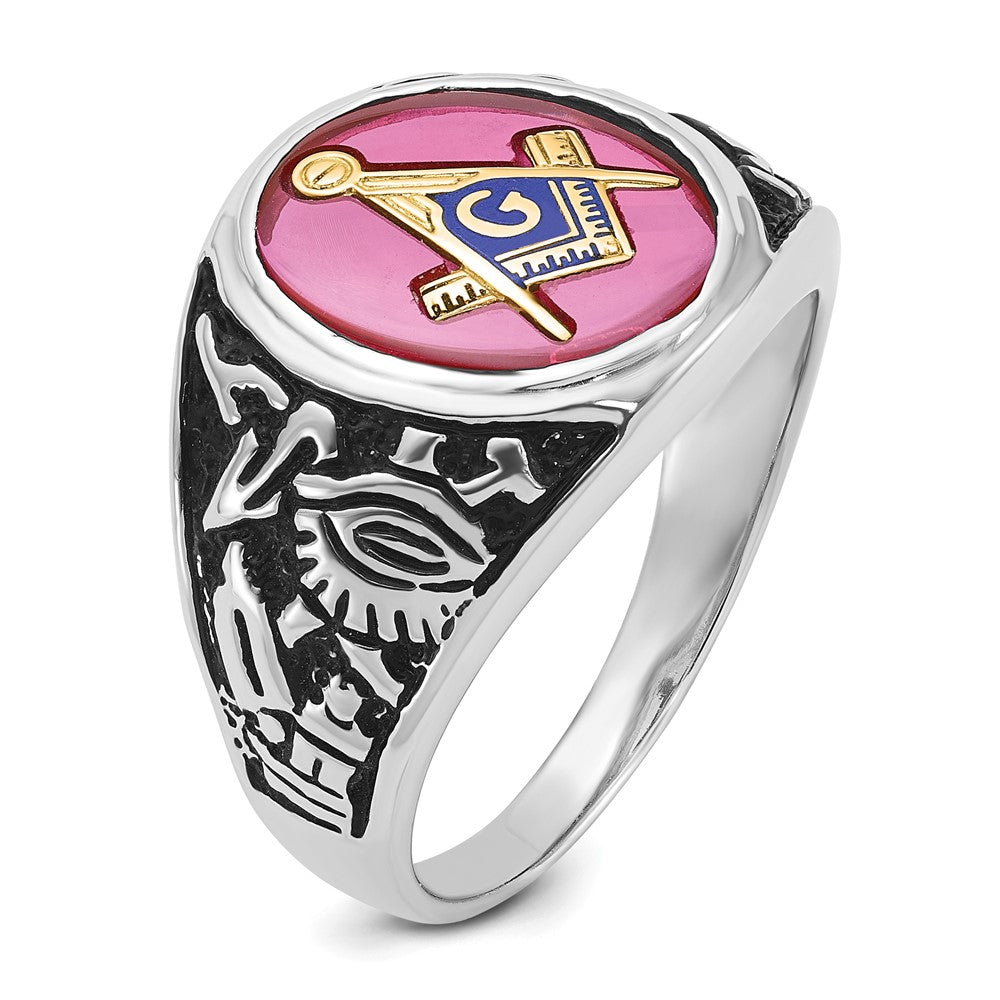 IB Goodman 14k White Gold Mens Polished/Antiqued and Textured with Lab Created Ruby Masonic Ring