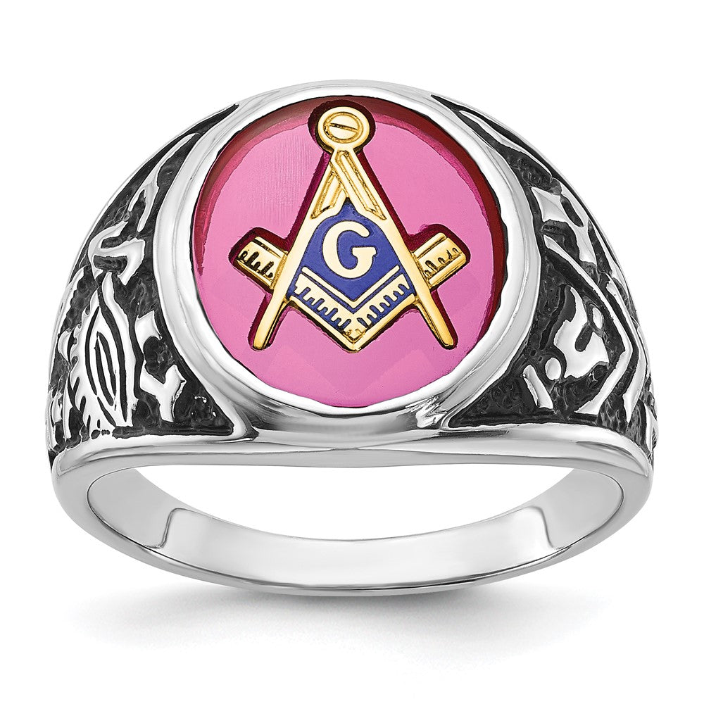 IB Goodman 14k White Gold Mens Polished/Antiqued and Textured with Lab Created Ruby Masonic Ring