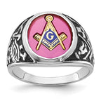 IB Goodman 14k White Gold Mens Polished/Antiqued and Textured with Lab Created Ruby Masonic Ring