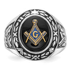 IB Goodman 14k White Gold Mens Polished/Antiqued and Textured with Oval Onyx Masonic Ring