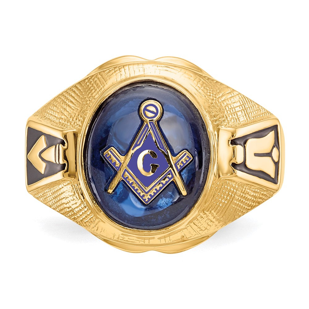 IB Goodman 14k Mens Polished Antiqued and Textured with Synthetic Blue Spinel Masonic Ring