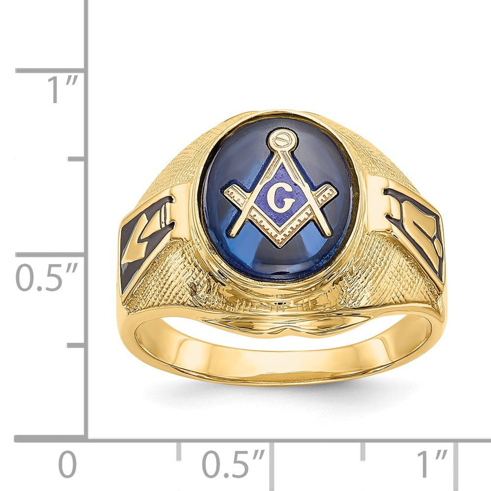 IB Goodman 14k Mens Polished Antiqued and Textured with Synthetic Blue Spinel Masonic Ring