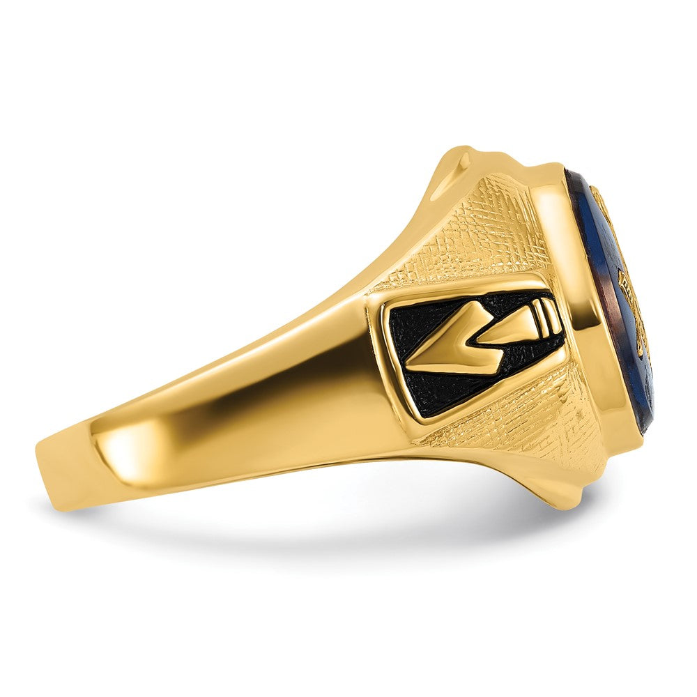 IB Goodman 14k Mens Polished Antiqued and Textured with Synthetic Blue Spinel Masonic Ring