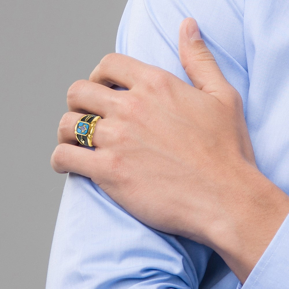 IB Goodman 14k Mens Polished/Antiqued and Textured Imitation Blue Spinel Masonic Ring