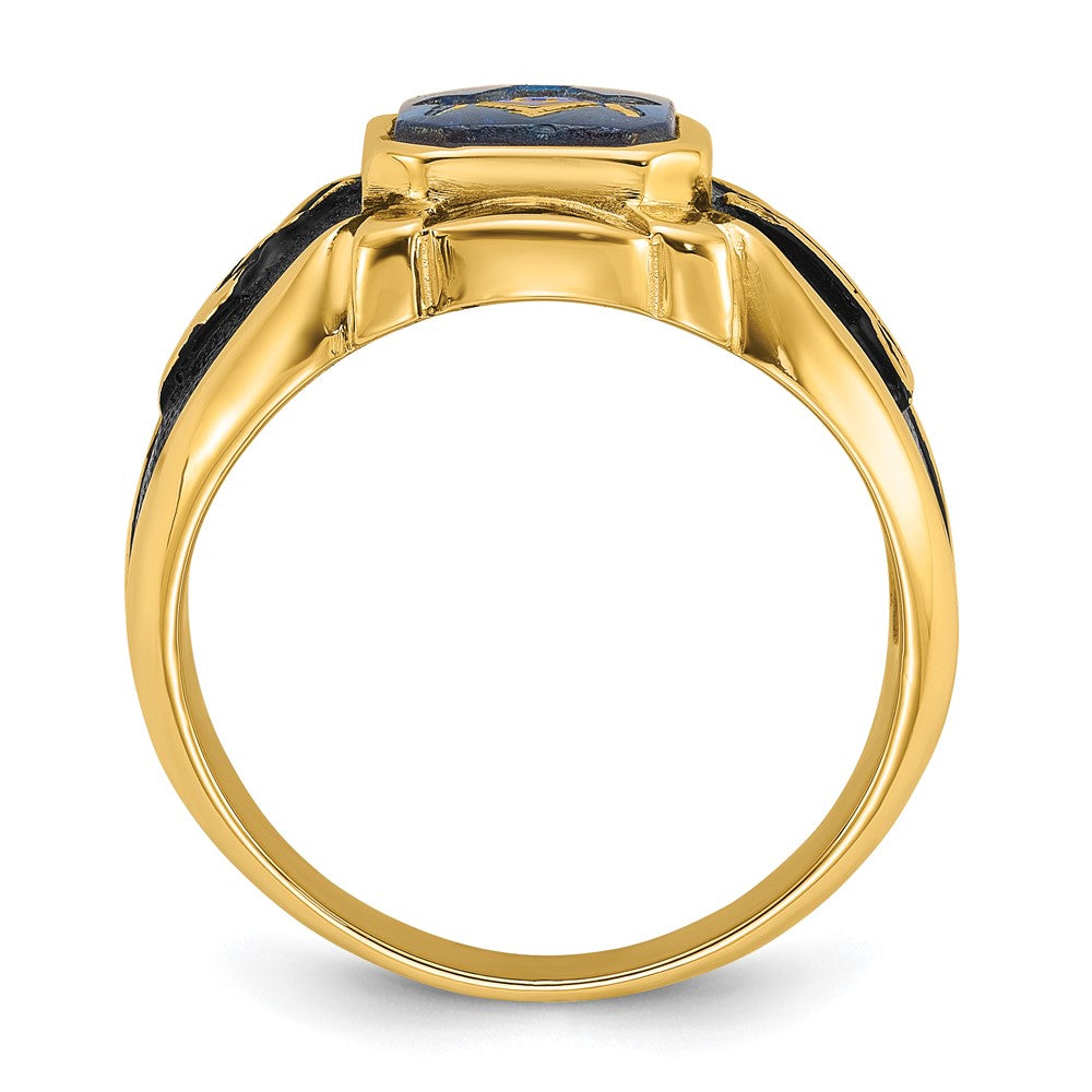 IB Goodman 14k Mens Polished/Antiqued and Textured Imitation Blue Spinel Masonic Ring