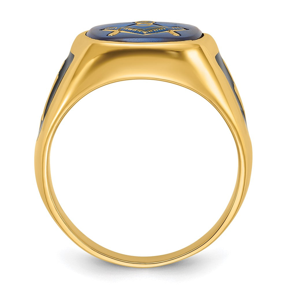 IB Goodman 14k Mens Polished and Textured with Black Enamel and Imitation Blue Spinel Masonic Ring