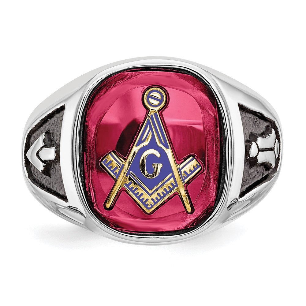 IB Goodman 14k White Gold Mens Polished and Textured with Black Enamel and Lab Created Ruby Masonic Ring