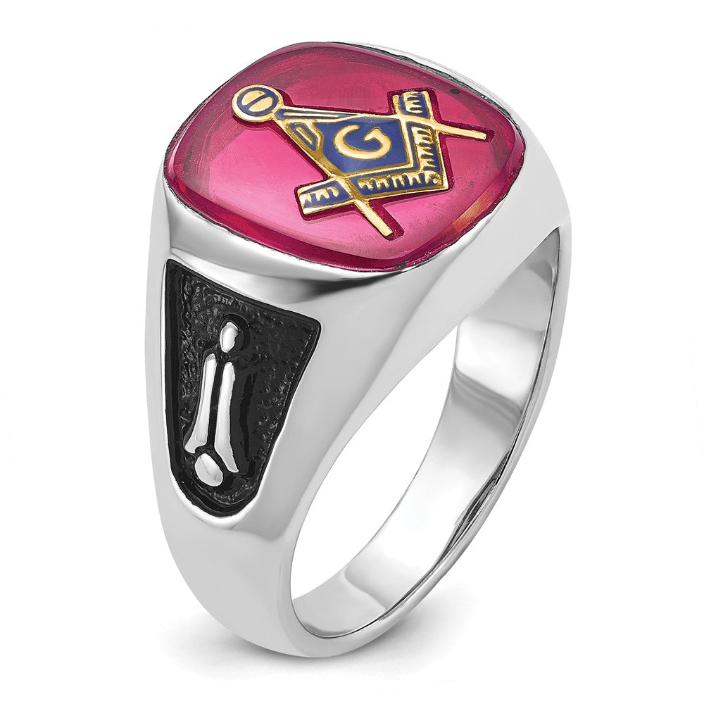 IB Goodman 14k White Gold Mens Polished and Textured with Black Enamel and Lab Created Ruby Masonic Ring