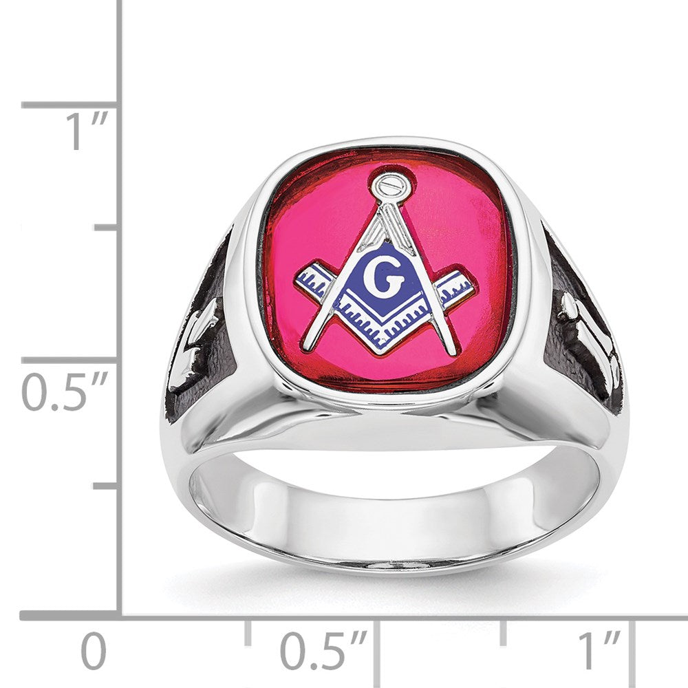 IB Goodman 14k White Gold Mens Polished and Textured with Black Enamel and Lab Created Ruby Masonic Ring