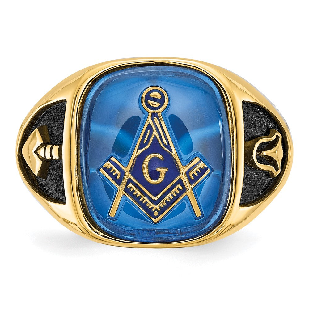 IB Goodman 14k Mens Polished/Antiqued and Textured with Imitation Blue Spinel Masonic Ring