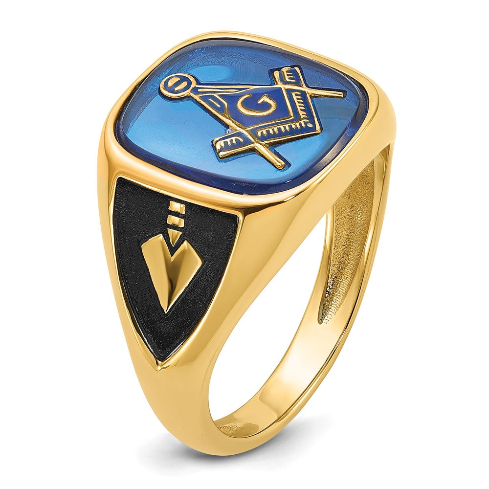 14k White Gold Men's Polished, Antiqued and Textured with Imitation Blue Spinel Masonic Ring