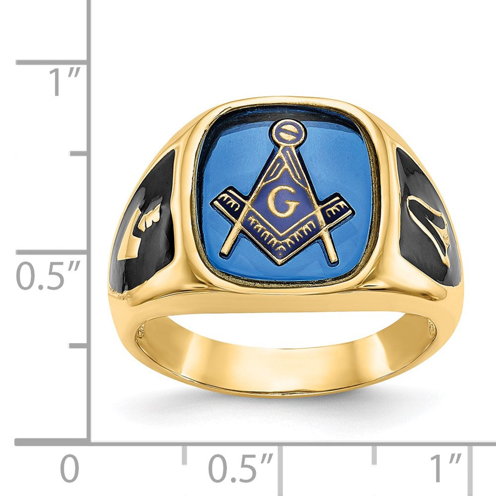 14k White Gold Men's Polished, Antiqued and Textured with Imitation Blue Spinel Masonic Ring