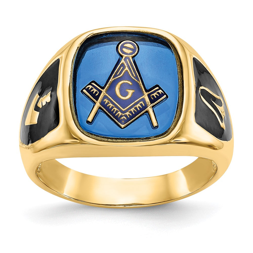 IB Goodman 14k Mens Polished/Antiqued and Textured with Imitation Blue Spinel Masonic Ring