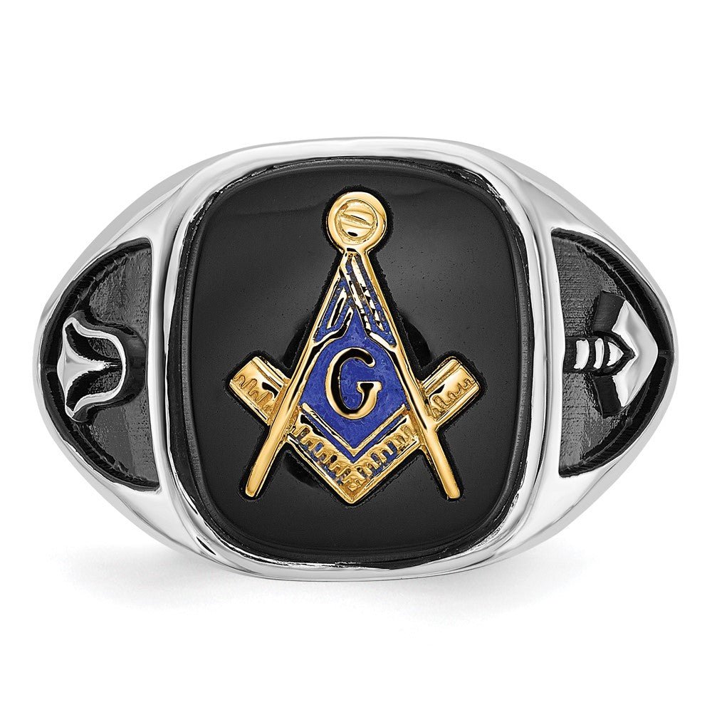 IB Goodman 14k White Gold and Gold-plated Polished and Textured with Black Enamel and Onyx Masonic Ring