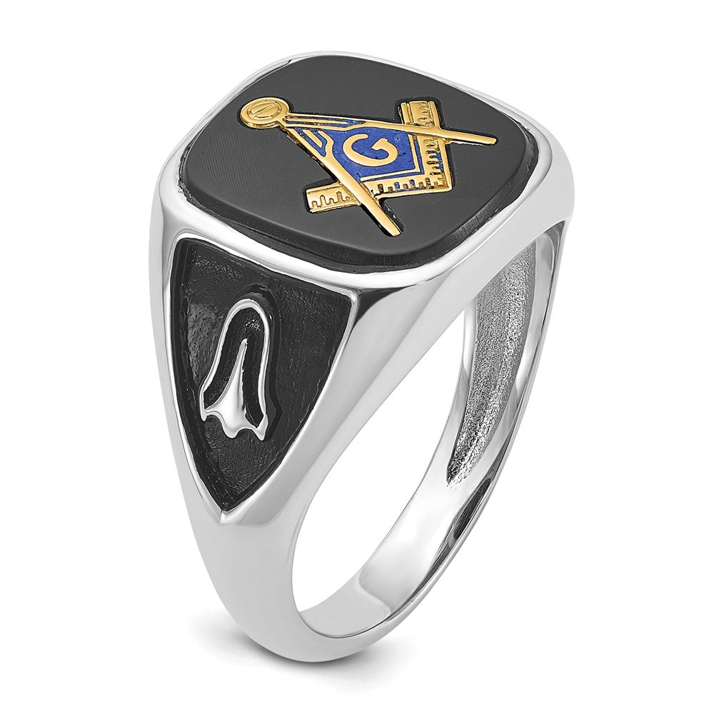 IB Goodman 14k White Gold and Gold-plated Polished and Textured with Black Enamel and Onyx Masonic Ring