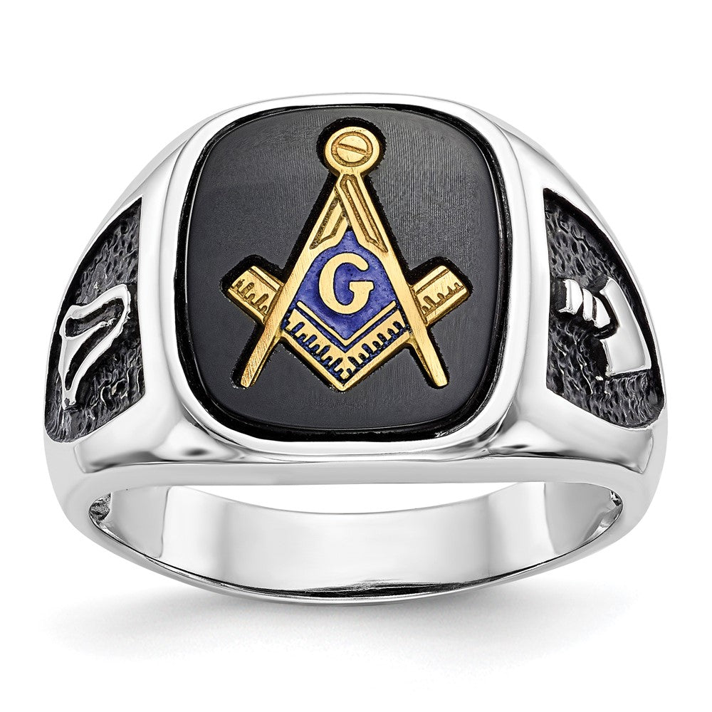 IB Goodman 14k White Gold and Gold-plated Polished and Textured with Black Enamel and Onyx Masonic Ring