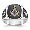 IB Goodman 14k White Gold and Gold-plated Polished and Textured with Black Enamel and Onyx Masonic Ring