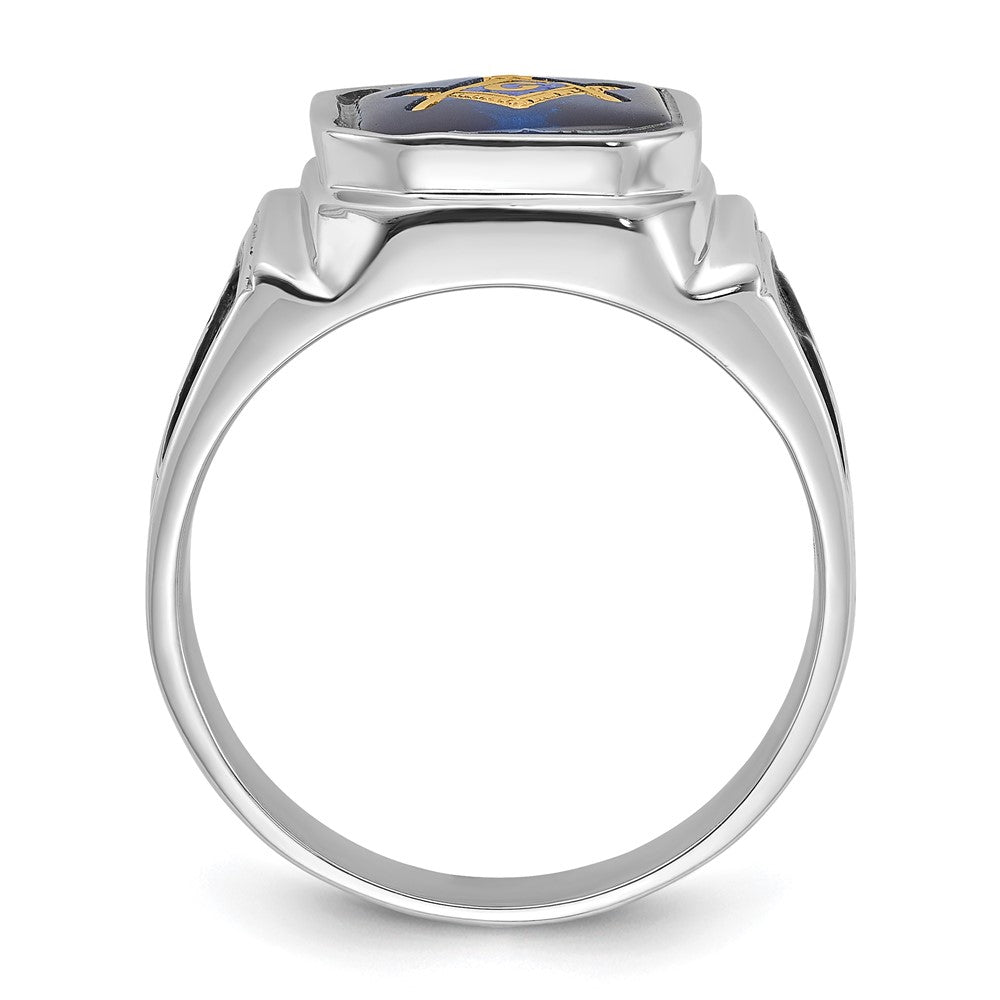 IB Goodman 14k White Gold Polished and Textured with Black Enamel and Imitation Blue Spinel Masonic Ring
