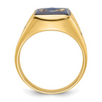 IB Goodman 14k Mens Polished and Grooved with Black Enamel and Imitation Blue Spinel Masonic Ring