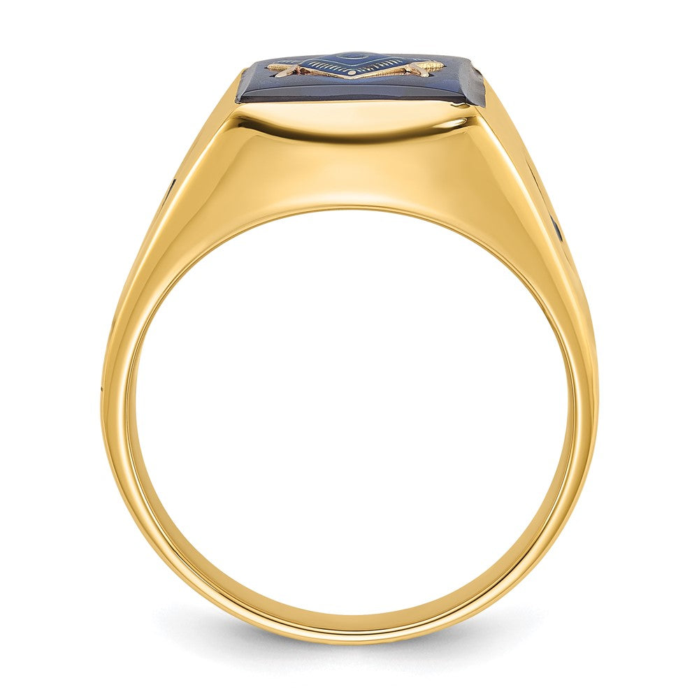 IB Goodman 14k Mens Polished and Grooved with Black Enamel and Imitation Blue Spinel Masonic Ring