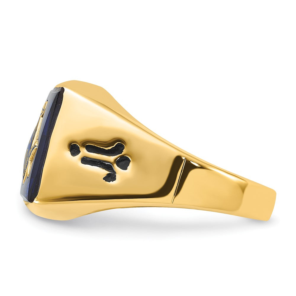 IB Goodman 14k Mens Polished and Grooved with Black Enamel and Imitation Blue Spinel Masonic Ring