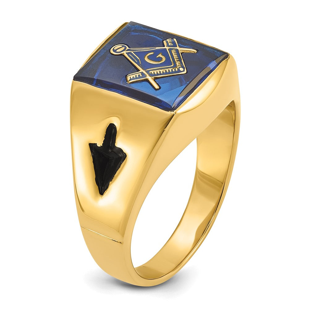 IB Goodman 14k Mens Polished and Grooved with Black Enamel and Imitation Blue Spinel Masonic Ring