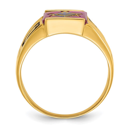 10k Men's Polished and Textured with Black Enamel and Lab Created Ruby Masonic Ring