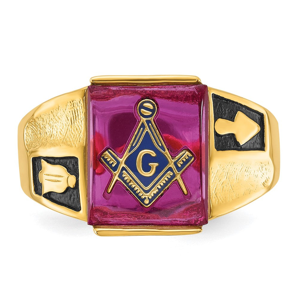 10k Men's Polished and Textured with Black Enamel and Lab Created Ruby Masonic Ring